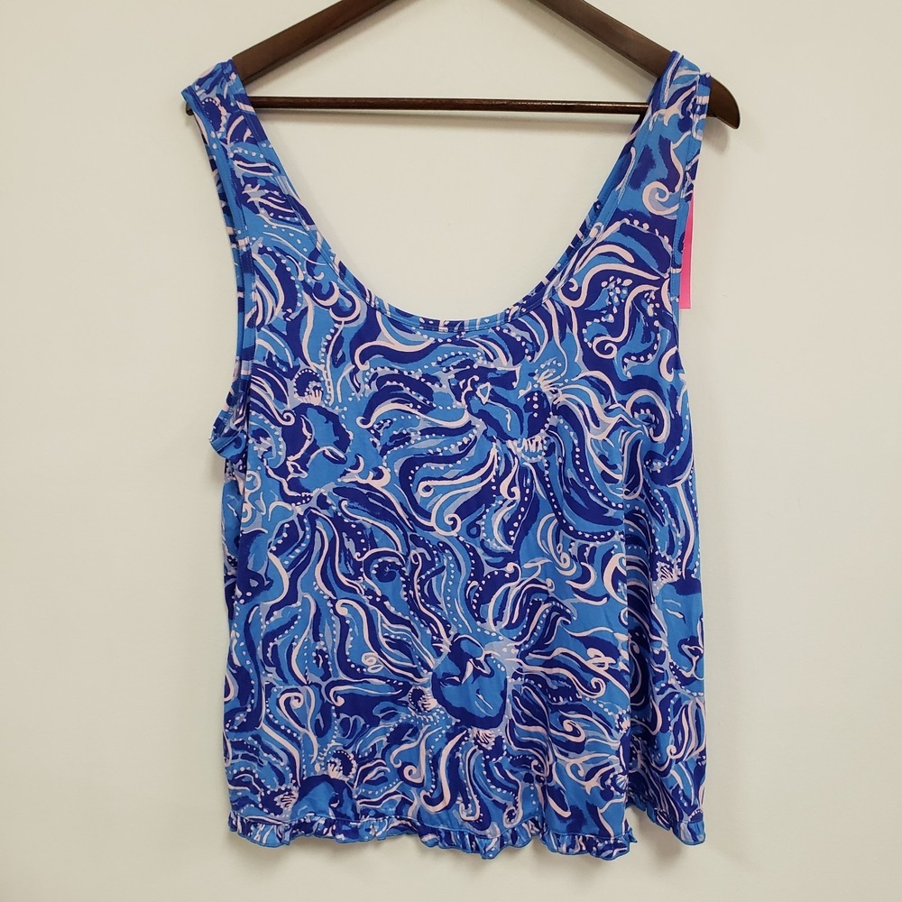 Lilly Pulitzer Womens Ruffle PJ Tank Size XL NWT Scoop Soft Stretch Blue Beach